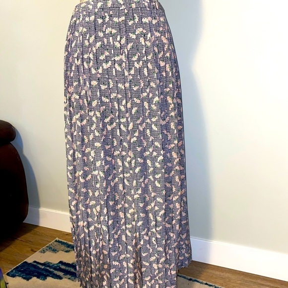 Vtg 100% Silk Floral Houndstooth Pleated Maxi Skirt Elastic 14” Stretch Waist M - Picture 3 of 6